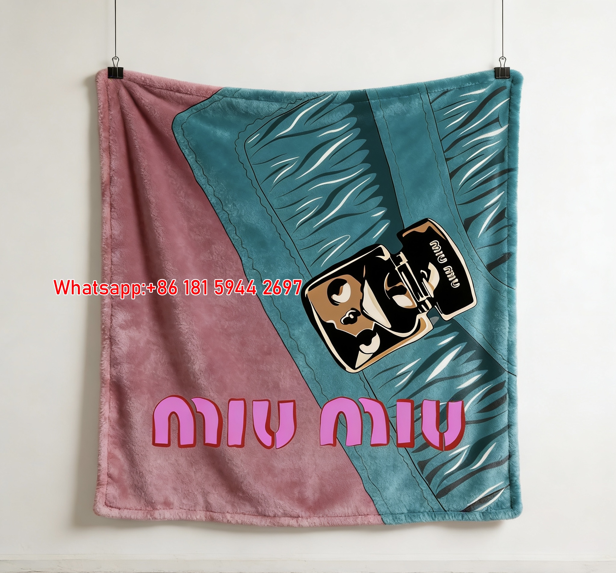Miu Miu Teal & Deep Magenta Quilted Bag Print Flannel Throw Blanket IMG_0590